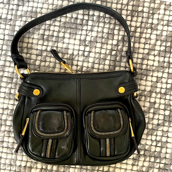 B. Makowsky black leather shoulder bag with gold hardware - Picture 1 of 11